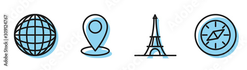 Fotomural Set line Eiffel tower, Earth globe, Map pin and Compass icon