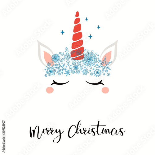 Hand drawn card with cute unicorn face in snowflakes crown, stars, text Merry...