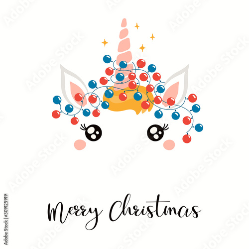 Hand drawn card of cute unicorn face with lights garland, stars, text Merry C...