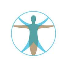 Modern Vitruvian Man. Sign Of Human Figure Enclosed In Circle For Illustration For Medicine, Science, Health. Symbol Of Drawing Of Leonardo Da Vinci. Color Flat Icon On White Background