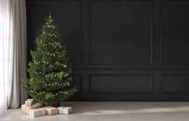 Festive interior in gray and beige with a minimalistic Christmas tree