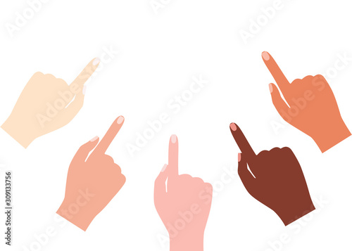 Fotografía Multinational hands point finger in one direction