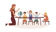 © Good Studio - Kindergarten geography lesson flat vector illustration. Female babysitter and kids cartoon characters at elementary school classroom. Kindergartener teaching natural science isolated on white.