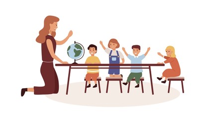 Poster - Kindergarten geography lesson flat vector illustration. Female babysitter and kids cartoon characters at elementary school classroom. Kindergartener teaching natural science isolated on white.