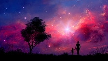 Mother And Daughter Walk In Landscape With Tree And Colorful Nebula. Parents Concept Background. Elements Furnished By NASA. 3D Rendering
