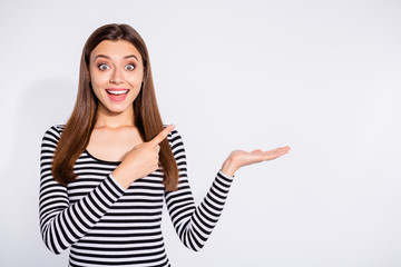 Sticker - Portrait of her she nice attractive charming cute cheerful cheery positive girlish crazy straight-haired girl showing ad advert holding copy space isolated over white light background