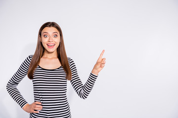 Sticker - Portrait of her she nice attractive charming cute lovely cheerful cheery funny excited girlish straight-haired girl showing copy space ad advert isolated over white light background