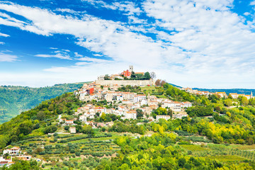 Beautiful countryside landscape in Istria, Croatia, old town of Motovun among hills and vineyards