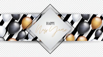 Happy New Year banner overlay with transparent background. For advertisement or website design. Winter holiday celebration invitation decoration. Gold, black, and white balloons and script lettering.