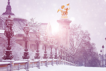 Beautiful snow covered Alexander III bridge, Pairs