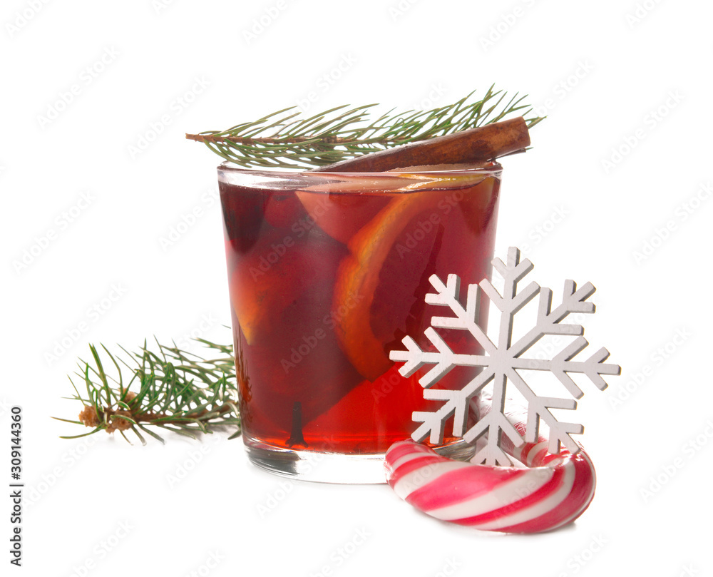 Glass of tasty mulled wine on white background