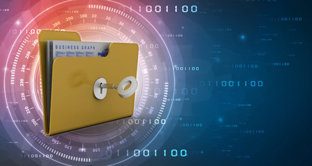 Poster - Key on locked yellow folder. 3D illustration