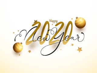 Sticker - Happy New Year 2020 Text Decorated with Golden Baubles and Stars on White Background.