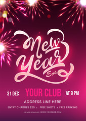 Canvas Print - New Year EVE Template or Flyer Design with Event Details and Fireworks on Pink Background.