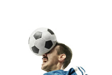 Close Up Of Emotional Caucasian Man Playing Soccer Hitting The Ball With The Head On Isolated White Background. Football, Sport, Facial Expression, Human Emotions, Healthy Lifestyle Concept. Copyspace