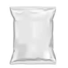 Snack Bag Pillow Pouch Mock Up. White Food Pack Blank. Foil Sachet Vector Template Isolated On Backaground. Plastic Polythene Closed 3d Container Ready For Advertising. Potato Chip Packet