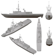 Set With A Warship Isolated On A White Background. Ship With Weapons From Different Positions. 3D. Vector Illustration