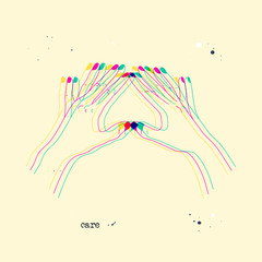 Canvas Print - Heart shaped hands. Stereoscopic vector hand gesture, symbol of love and charity. Romantic background with 3D stereo effect. Glitch illustration with body language for poster or print design