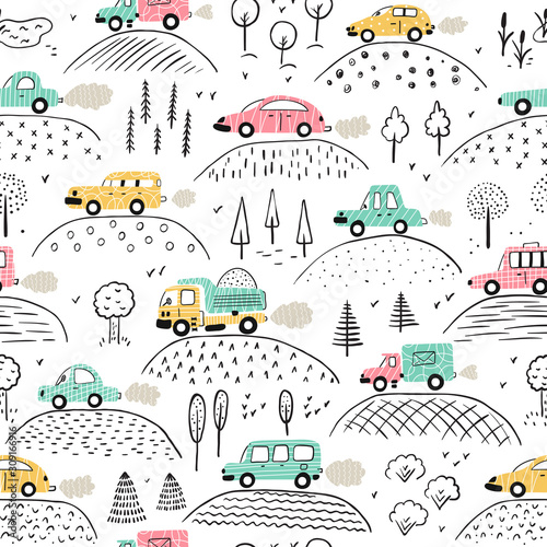 Naklejka na meble Cartoon Transportation Background for Kids. Vector Seamless Pattern with doodle Toy Cars and Nature with Hills and Trees