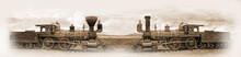 Simulated Old Photograph Of The Railway Engines  Meeting  At The Golden Spike After Completion Of  The Transcontinental Railroad 