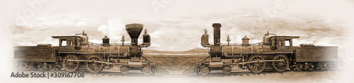 Fotografía Simulated old photograph of the railway engines meeting at the Golden Spike af
