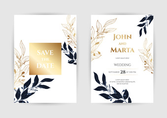 Wall Mural - Wedding Invitation with Gold Flowers. background with geometric golden frame. Cover design with an ornament of golden leaves.Trendy templates for banner, flyer, poster, greeting. eps10
