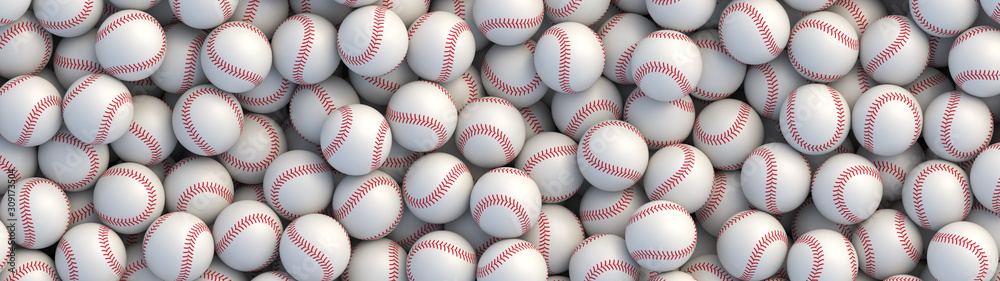 Baseball balls background with red stitching lying in a pile - obrazy, fototapety, plakaty 