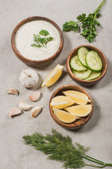 Canvas Print - Traditional greek tzatziki sauce from yogurt, cucumber with lemon and garlic on stone background