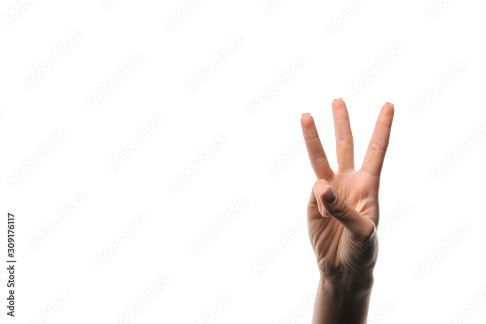 cropped view of woman showing three fingers isolated on white - obrazy, fototapety, plakaty 