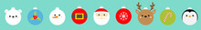 Christmas Ball Set Line. Penguin, Snowman, Santa Claus, Bear, Deer Face. Belt, Holly Berry, Snowflake, Candy Cane. Bauble Toy. Cartoon Kawaii Character. Happy New Year. Flat Design. Blue Background.