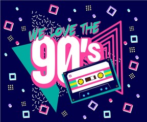 Wall Mural - Retro party poster. Music of the nineties, vintage cassette tape and 90s style. invitation card dancing party time advertisement poster background illustration, Vector illustration in trendy 80-90s st