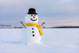 Fototapeta Na sufit - Funny snowman in stylish black hat and yellow scalf on snowy field. Merry Christmass and happy New Year!