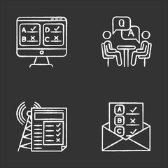 Poster - Survey methods chalk icons set. Online, email, internet connection poll. Interview. Public opinion. Customer review. Feedback. Data collection. Isolated vector chalkboard illustrations