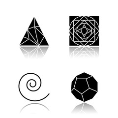 Poster - Geometric figures drop shadow black glyph icons set. Polygonal triangle. Square with ornament. Swirls, curved stokes. Abstract shapes. Dodecahedron. Isometric forms. Isolated vector illustrations