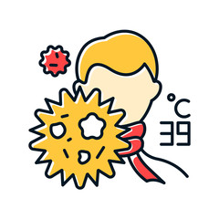 Sticker - Influenza virus color icon. High temperature. Man with fever. Common cold. Healthcare. Flu infection. Influenza virus. Grippe sickness. Illness symptom. Microbe outbreak. Isolated vector illustration