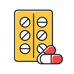 Sticker - Pills color icon. Medication and pharmaceuticals. Prescription and drugs. Vitamin in capsule. Birth control. Common cold aid. Flu virus cure. Influenza infection aid. Isolated vector illustration