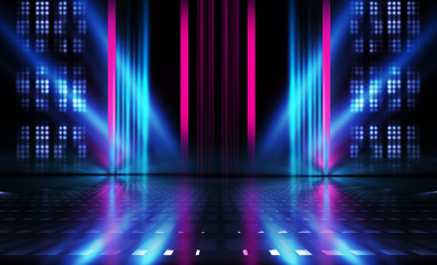 Poster - Empty dark abstract background. Background of empty show scene. Glow of neon lights on an empty concert venue. Reflection of light on the pavement.