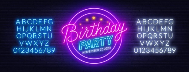 Poster - Neon sign birthday party on brick wall background. Invitation to the celebration. Template for design with fonts.