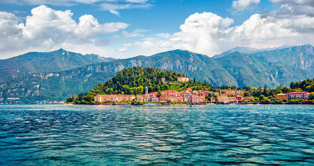 Wall Mural - Popular tourist destination - Bellagio town, view from ferry boat. Superb morning scene of Como lake, Italy, Europe. Traveling concept background.