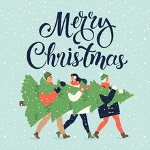 Merry Christmas And Happy New Year Greeting Card. People Group Carrying Big Xmas Pine Tree Together For Holiday Season With Ornament Decoration, Gifts.