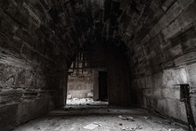 Mystical Interior Of Dark Corridor In An Old Abandoned Palace