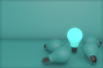 3d rendering of leadership and different creative idea concepts. turquoise light bulbs on turquoise 
