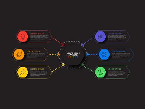 infographic template with six hexagonal elements on black background. modern business process visualisation with thin line marketing icons. vector illustration easy to edit and customize. eps 10