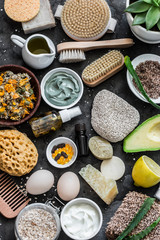 Wall Mural - face, body skin care homemade ingredients - cosmetic clay, brushes, homemade soap, coffee scrub, avo
