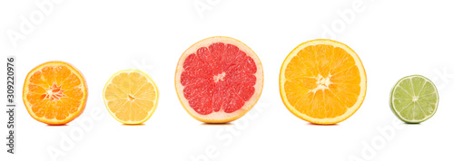 Fotomural Set of citrus fruits isolated on white background. Juicy food