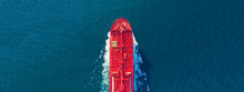 Aerial Drone Ultra Wide Panoramic Photo Of Industrial Fuel And Petrochemical Tanker Cruising Open Ocean Deep Blue Sea