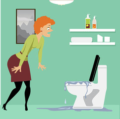 Horrified homeowner looking at a clogged overflown toilet in the bathroom, EPS 8 vector illustration	