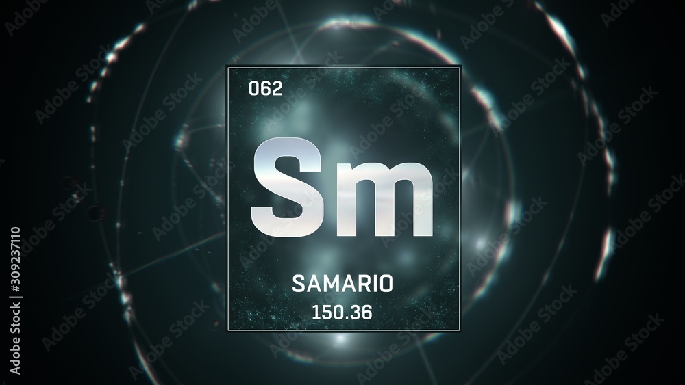 3D illustration of Samarium as Element 62 of the Periodic Table. Green ...