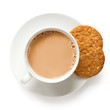 Cup of tea with milk and one and half crunchy oat and wholemeal biscuits isolated on white. White porcelain. Top view.