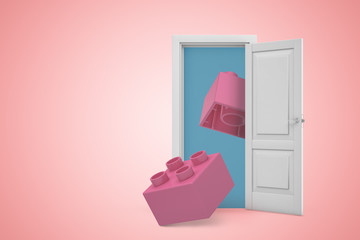 Fototapete - 3d rendering of a white open doorway with pink blocks pieces on light pink background